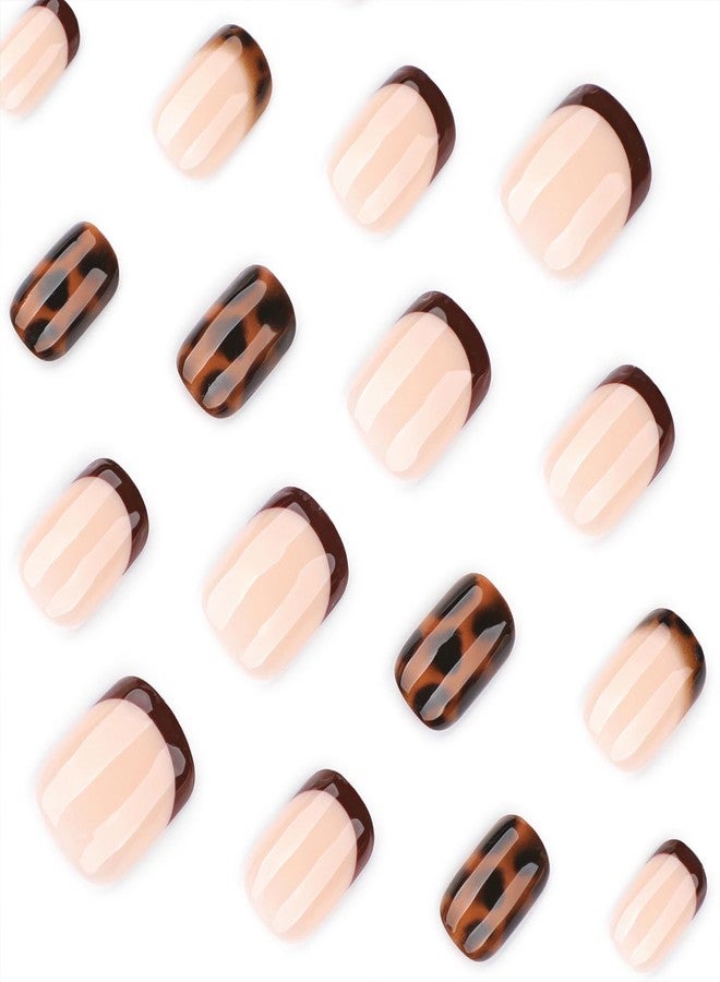 Vopintpy Tortoise Print French Tip Press on Nails Short Square Fake Nails with Design Glossy Acrylic Glue on Nail Reusable Full Cover Artificial Stick on Nail for Women DIY Manicure - Image 2